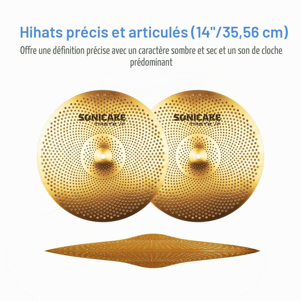 SONICAKE Cymbales à faible volume 14" HiHat+16" Crash+18" Crash+20" Ride jeu de cymbales mèche 5 pièces doré