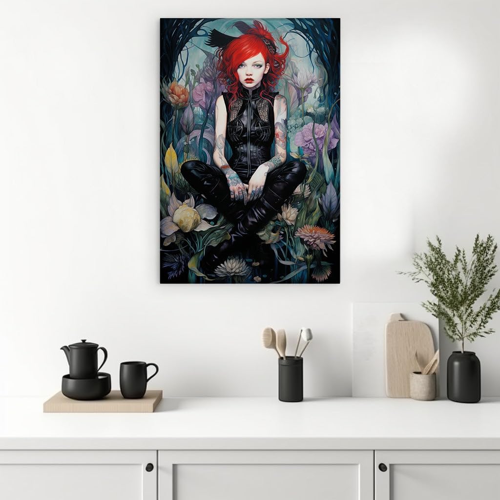Canvas for Living room. Enigmatic Redhead in a Leather Ensemble Amidst a Flourishing Floral Eden, 27 x 18 inch Canvas Wall Art - Ready to Hang - 69x46 cm (27x18 inch)