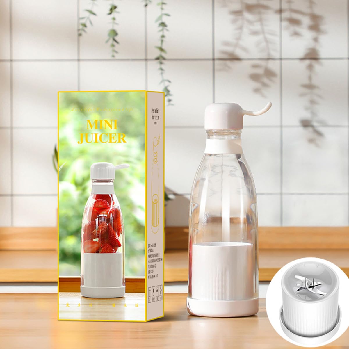 Maizoon Draagbare roze sapbeker met zes messen voor het snijden van fruit- en groentesap, milkshake, ijsselen, aanvullende babyvoeding