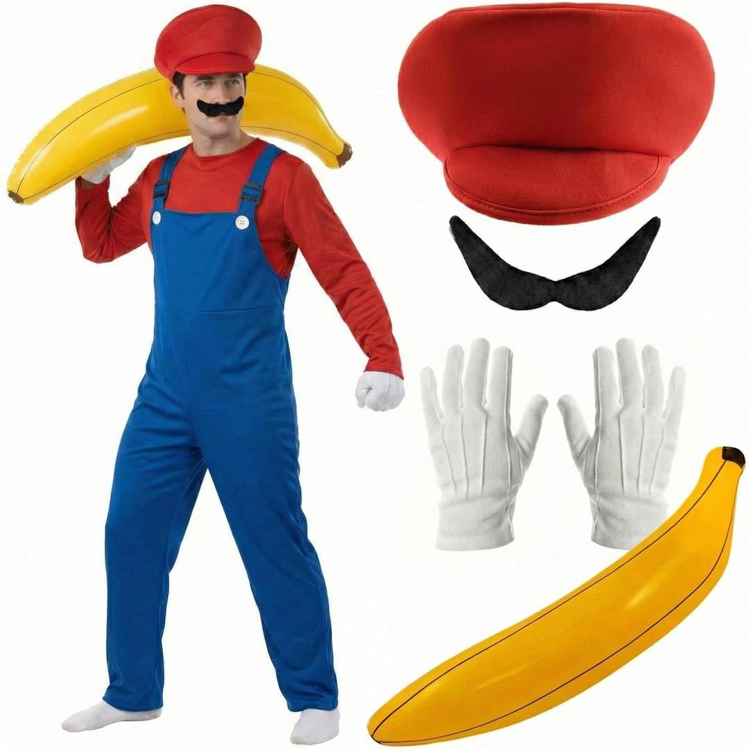 Czerwono-zielony kostium hydraulika dla dorosłych z czerwonym kapeluszem, zielonym kapeluszem, ogrodniczkami, wąsami, rękawiczkami i nadmuchiwanym bananem, zabawny fantazyjny strój na imprezy