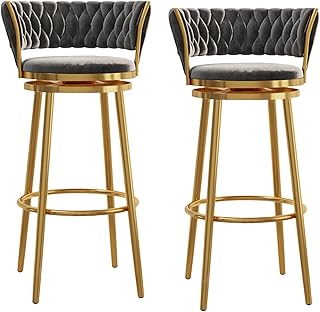 Set of 2 Swivel Bar Stools, Counter Height Chairs Counter Stools w/Curved Woven Back Footrest Luxury Velvet Barstools Home Bar Kitchen Island Sto(Size:Gold metal leg 65cm,Color:grey)