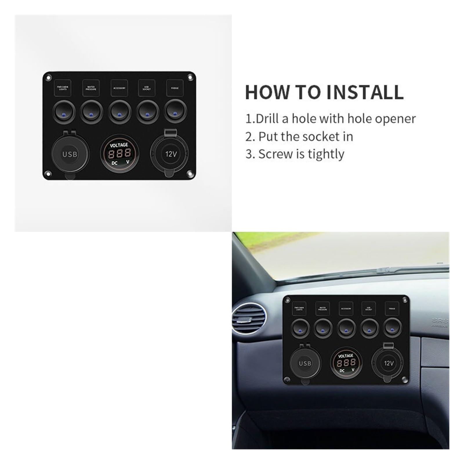 Panel przełączników Led z podwójnym portem USB 12V woltomierz cyfrowy przełączniki sterujące dla samochodów morskich łódź przyczepa kempingowa Camper RV akcesoria (Color : Blue)