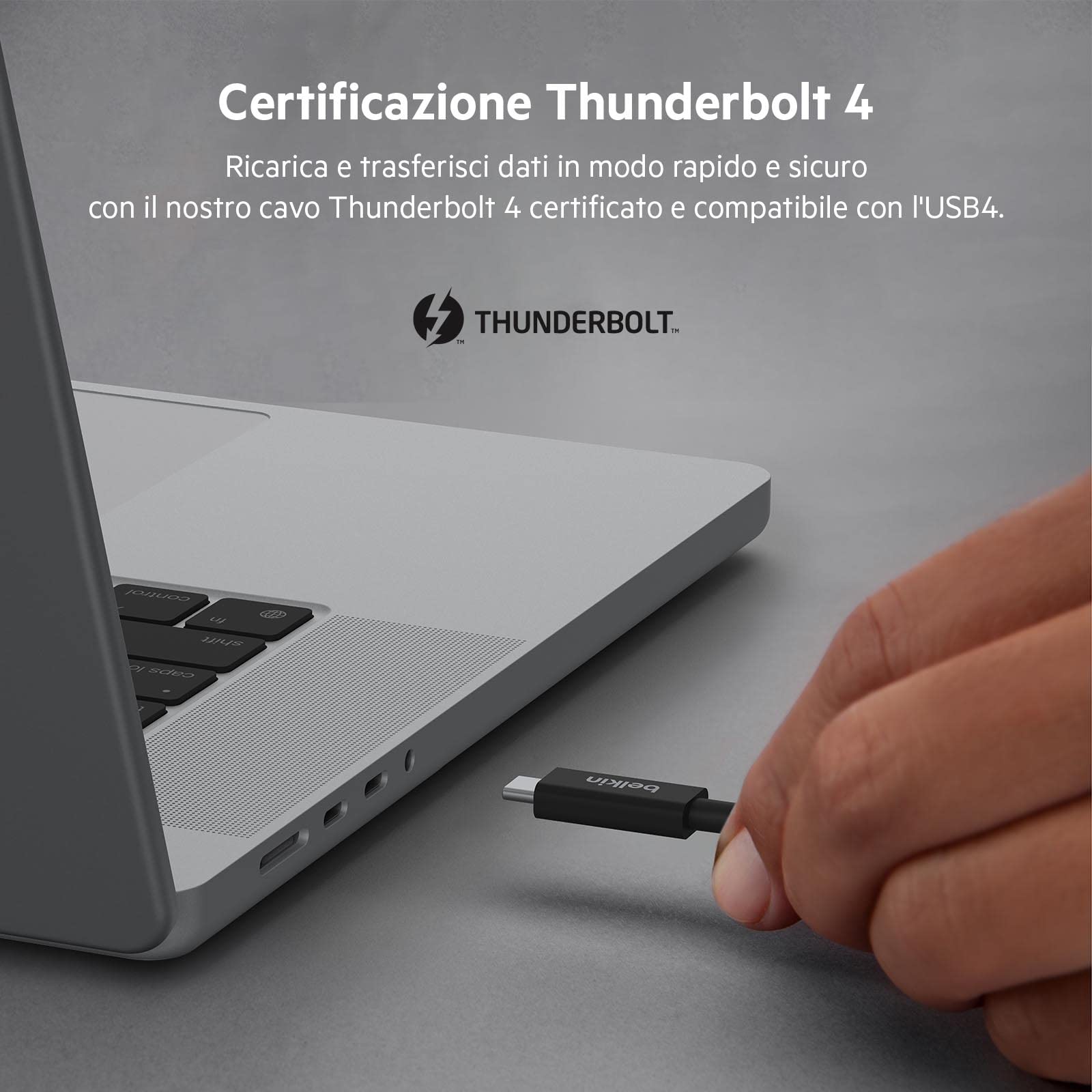 Belkin Cavo Thunderbolt 4 attivo, connessione USB Type-C con Power Delivery PD da 100W e compatibilità con USB 4, TB3, MacBook Pro, iPhone 16, Samsung Galaxy, eGPU e altro, 2 m