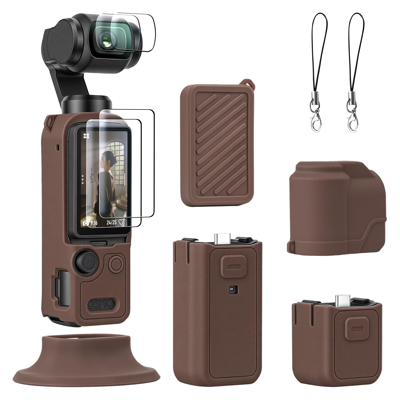 AMAZEAR Custodia Silicone per DJI OSMO Pocket 4, Pocket 4 Accessori Cover Protettiva Silicone Morbido Combo con Vetro Temperato Protezione Schermo Obiettivo, Supporto Silicone, marrone