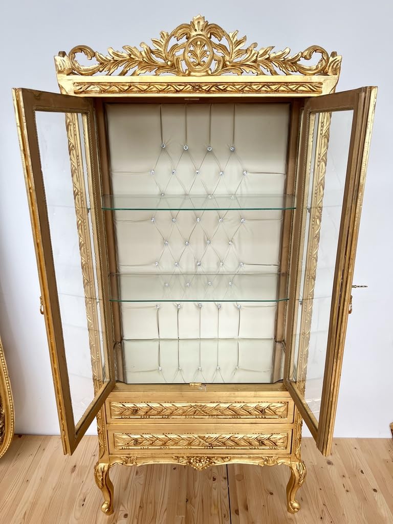 Casa Padrino vitrine baroque noir / multicolore / or / laiton - Vitrine en bois massif fait main avec porte vitrée et 2 tiroirs - Meuble Baroque | Casa Padrino