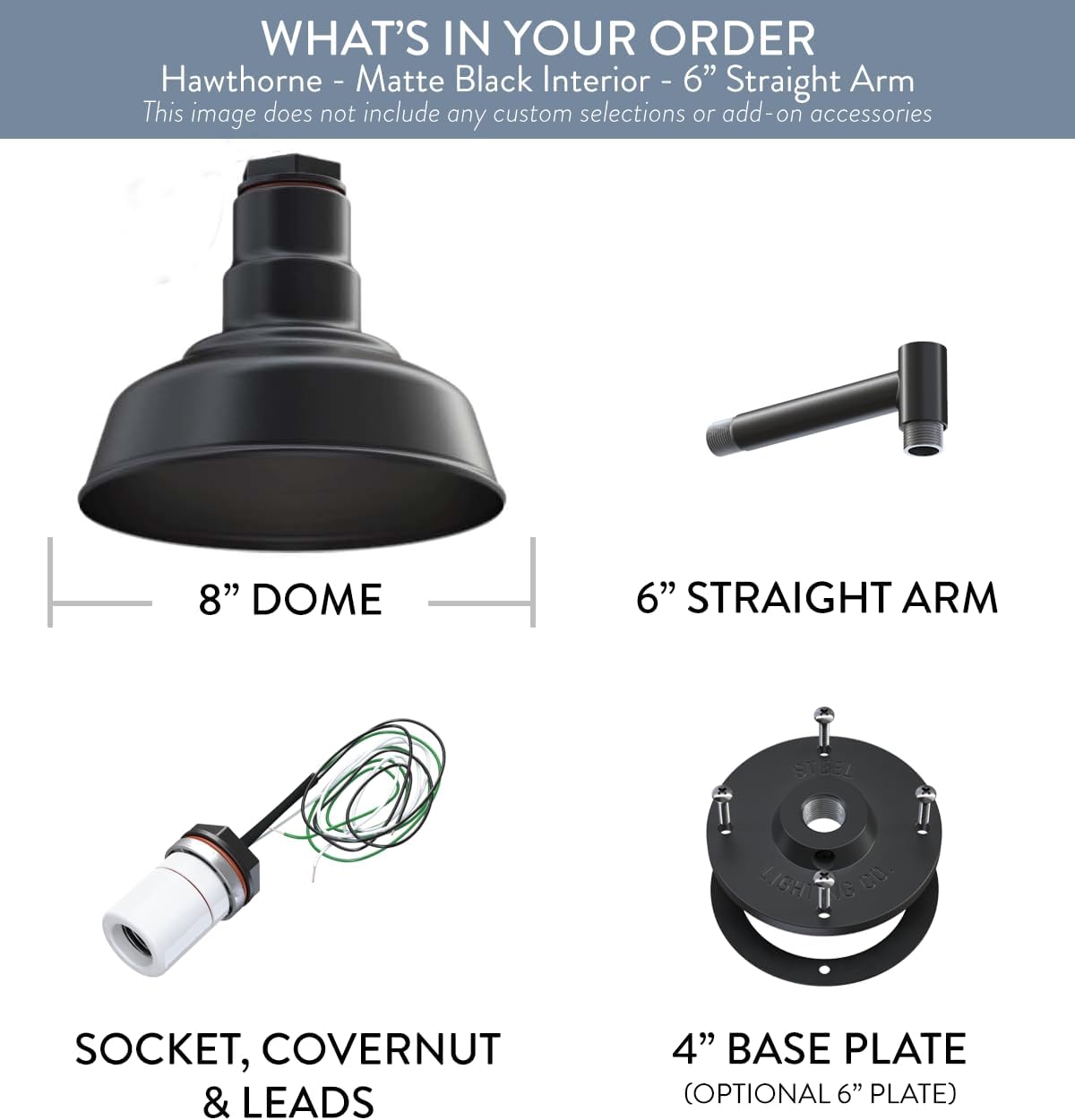 Steel Lighting Co. | Dusk to Dawn | Hawthorne Barn Light | Outdoor Wall Mounted | 8 in Dome | 6 inch Straight Arm| Small Farmhouse Light Made in America | Matte Black Exterior/Matte Black Interior
