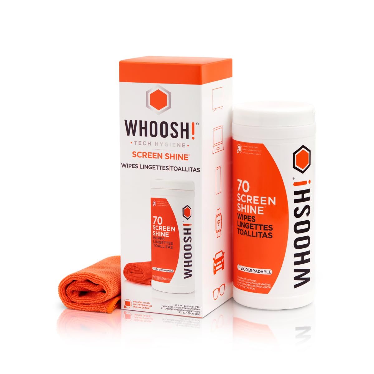 WHOOSH! Chusteczki do Czyszczenia Ekranu 70 szt., Bez Alkoholu, Bez Smug, TV OLED, Laptop, Smartfon, Okulary, Ściereczka Microsuede Gratis