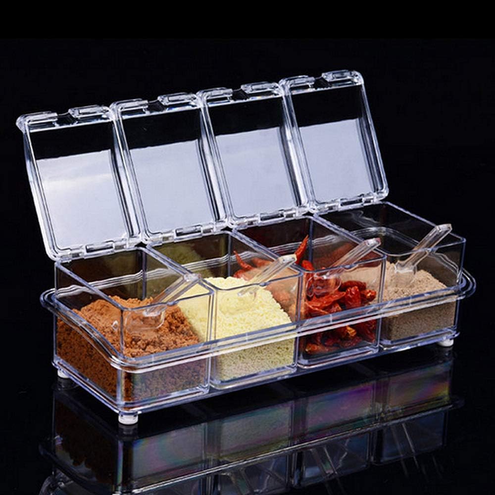 Czemo 4 Pieces Seasoning Box Set Transparent Seasoning Storage Container with Spoon Clear Condiment Jars for Spice Salt Sugar Cruet
