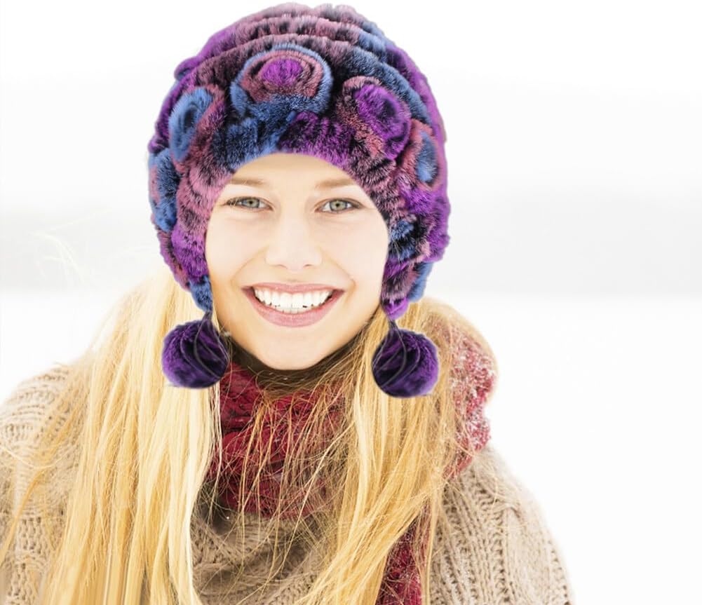 Women Beanie Hats Winter Fluffy Knit Beanie Hats Winter Warm Ear Cover Faux Fur Knit Crochet Skull Cap with Pompom - Image 5