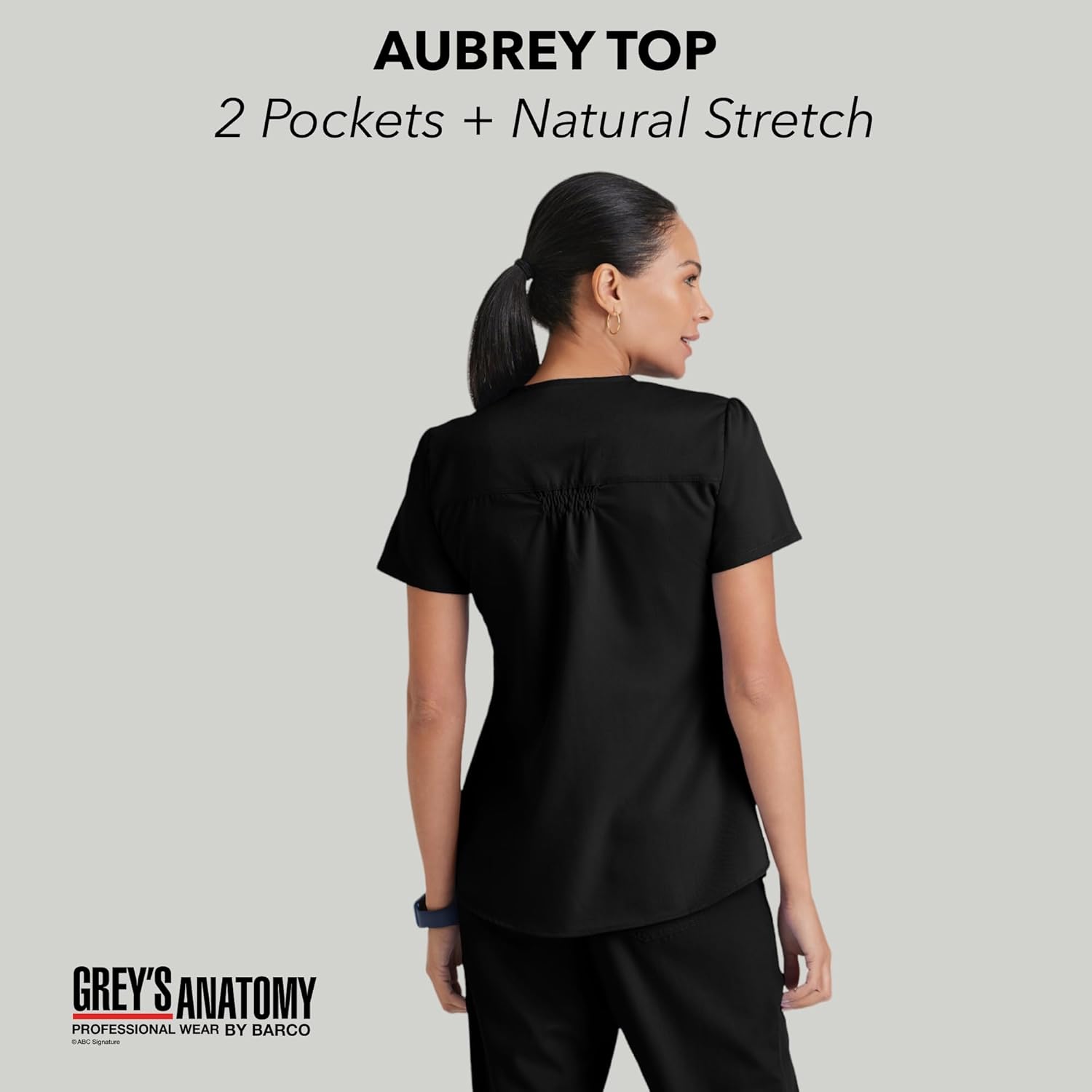 Grey's Anatomy Women's Two Pocket V-Neck Scrub Top with Shirring Back
