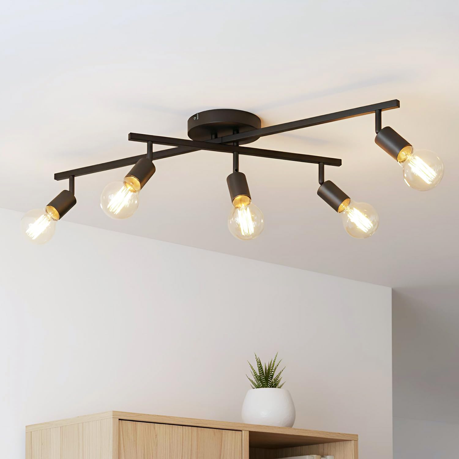 Lvwit 5 Way Black -E27 Ceiling Lights Spotlight 5 Way Spot Lights Adjustable E27 Kitchen Lights,Black Light Fittings Ceilings,Industrial Ceiling Spotlight Fitting For Kitchen Living Room Hallway Bedroom(No Bulbs)