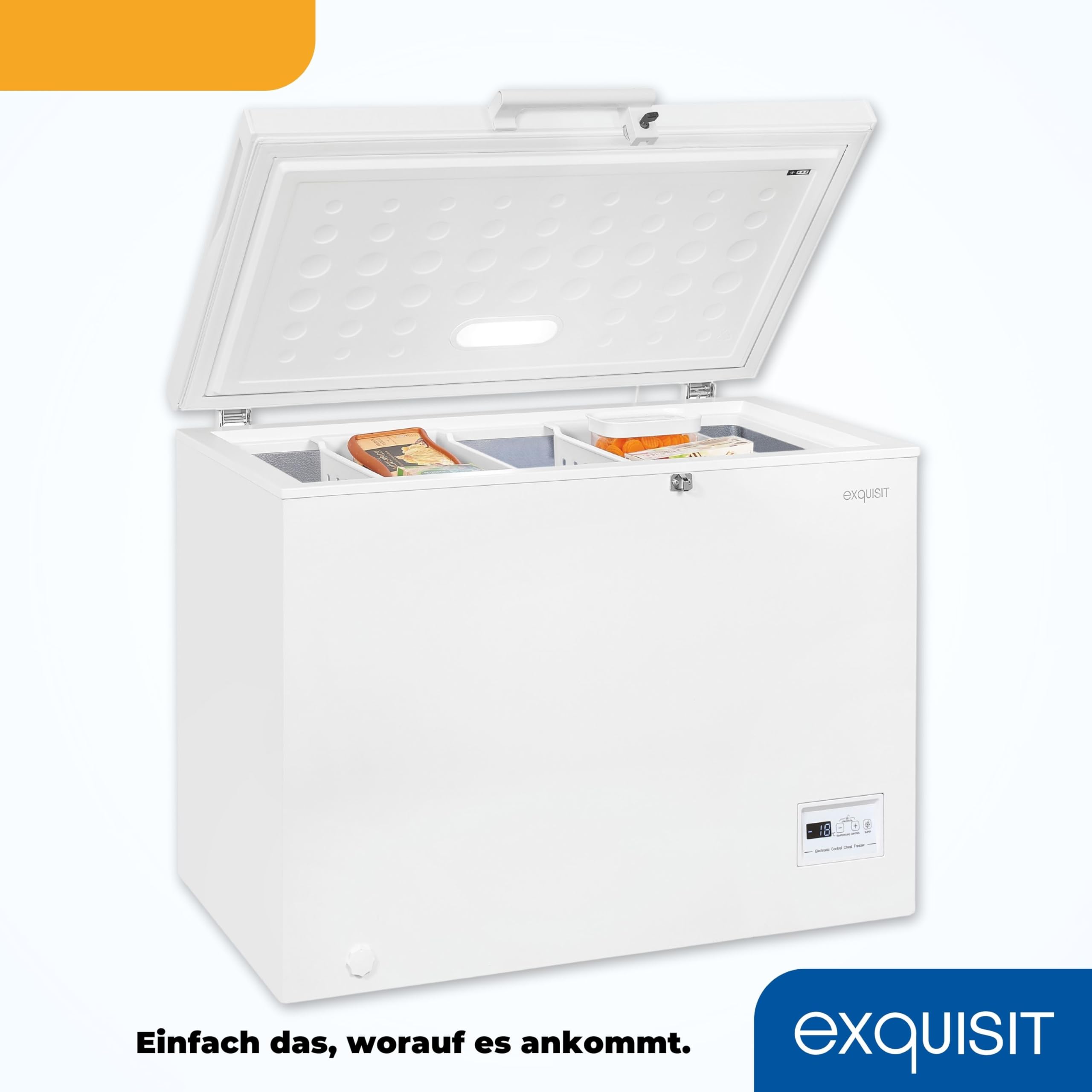 Exquisit GT200-HE-041C Gefriertruhe 198 L Weiss Energieeffizienz C 4-Sterne-Gefrierfach Schnellgefrieren LED-Licht Kompakt 84,5x102,6x61,6 cm