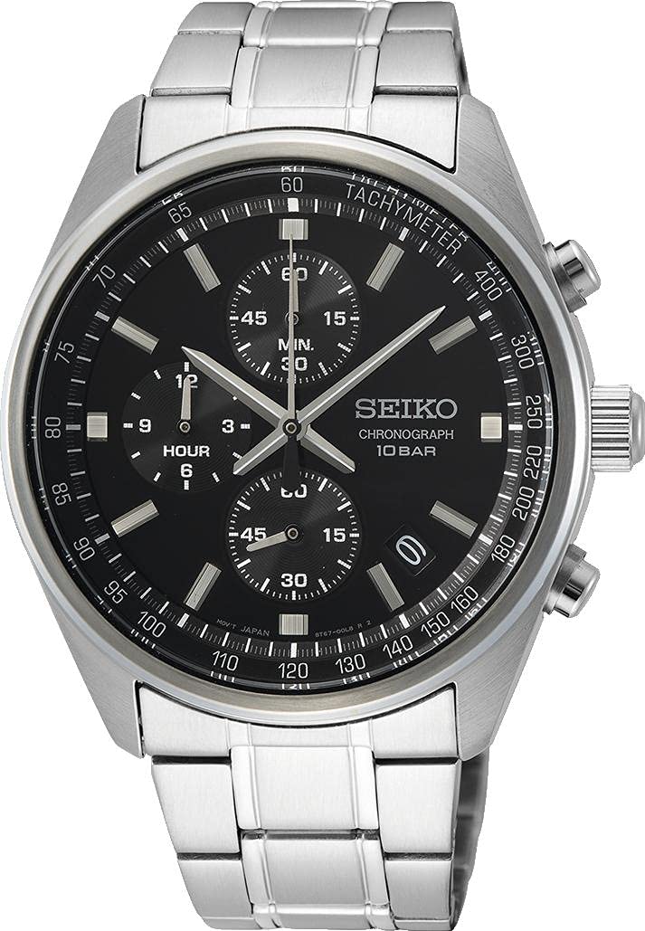 Seiko Męski zegarek kwarcowy ze stali nierdzewnej z paskiem ze stali nierdzewnej, Czarny, Chronograf