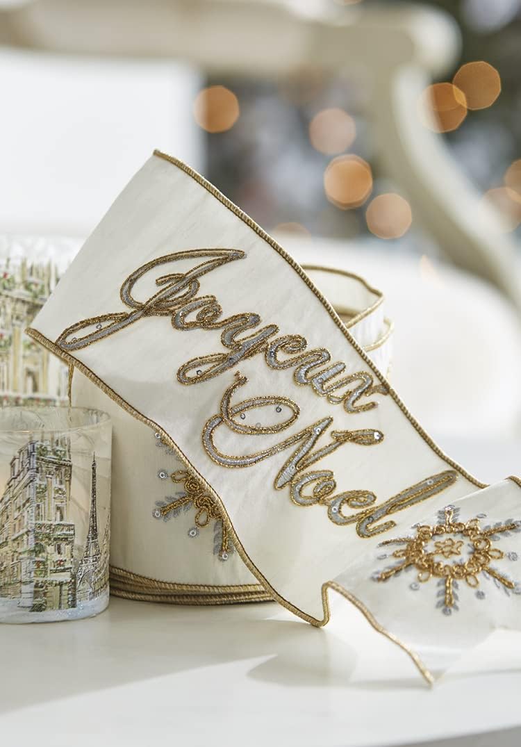 Raz Imports 4" Joyeux Noel Embroidered Ribbon (10 Yards) - Gift Wrapping Floral Arrangement Wreath Bow Making Fabric Craft Wired Edge Ribbon