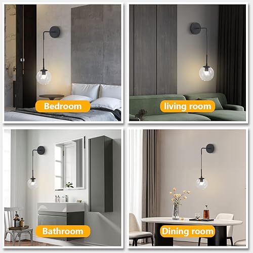 Miniatura 3 de BOKT Aplique de Pared Moderno de Mediados de Siglo Negro con Globo de Vidrio Transparente, Iluminación de Pared Minimalista Ajustable para Mesita de