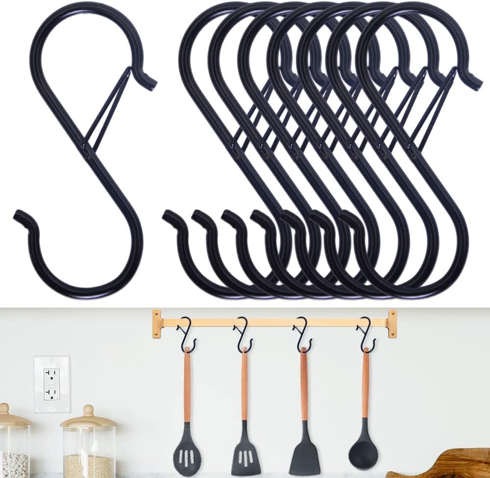 8PCS S Hooks for Hanging - S Shaped Hooks for Kitchen Utensil and Closet Rod - Black S Hooks for Hanging Plants, Pots and Pans, Bags - Heavy Duty Rustproof Safety Buckle Design - 3.5 Inch