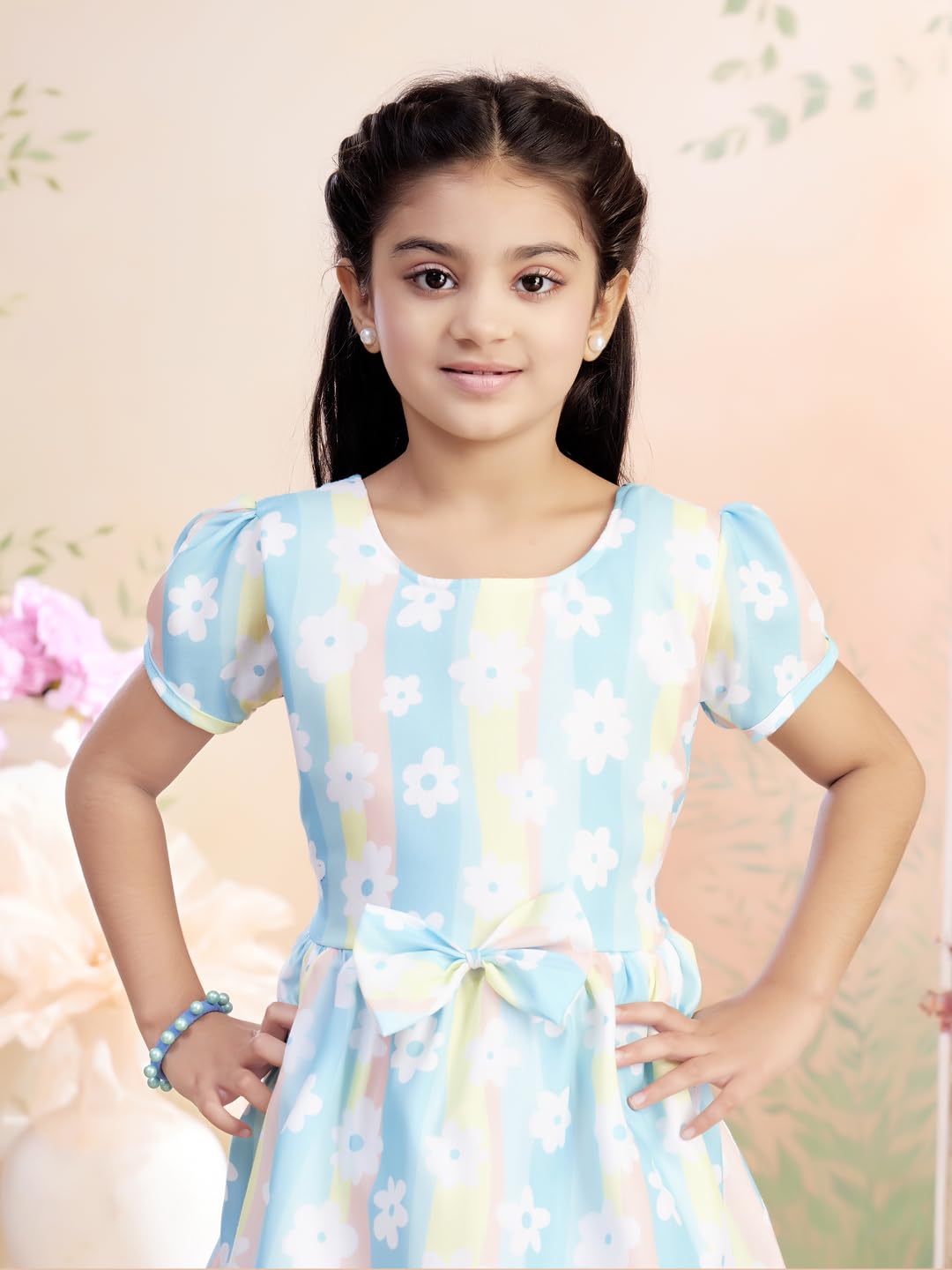 Aarika Vestido de algodón con estampado floral azul para niñas