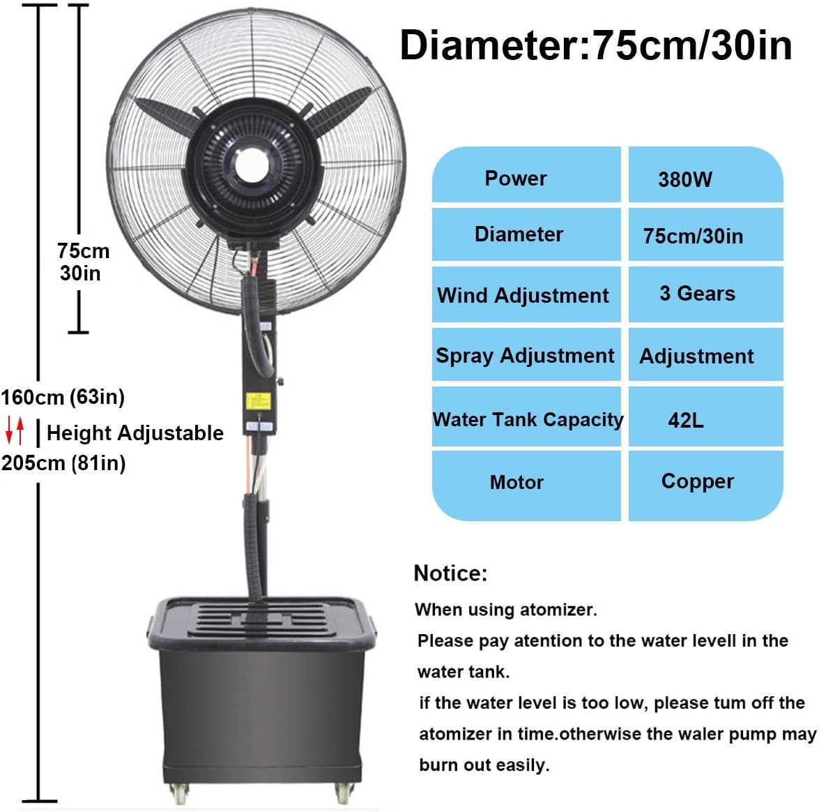 Pedestal Oscillating Misting Fan, Adjustable Height Industrial Floor Fan With 11 Gallon Water Tank, Outdoor Misting Fans For Warehouse, Gym, 3 Cooling Speeds(75cm(30in))