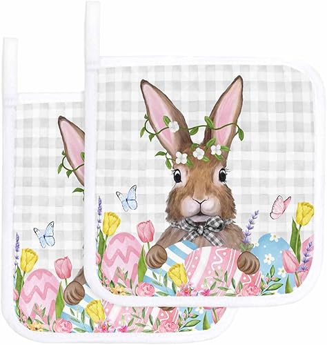2 Packs Easter Rabbits Pot Holders Sets for Kitchen,Oven Pan Plate Bowl Pads Heat Proof Mat with Hanging Loop,Terry Cloth Potholders Soft Grip for