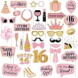 36 Piezas de accesorios para cabina de fotos de fiesta de cumpleaños: aplicando el efecto de hermosas costuras rosas e imprimiendo lentejuelas doradas, el dulce juego de decoraciones de 16 cumpleaños incluye 24 piezas de estilos de patrones puros y 12 piezas de estilos de texto, exquisitamente diseñadas para que las uses en fiestas y eventos