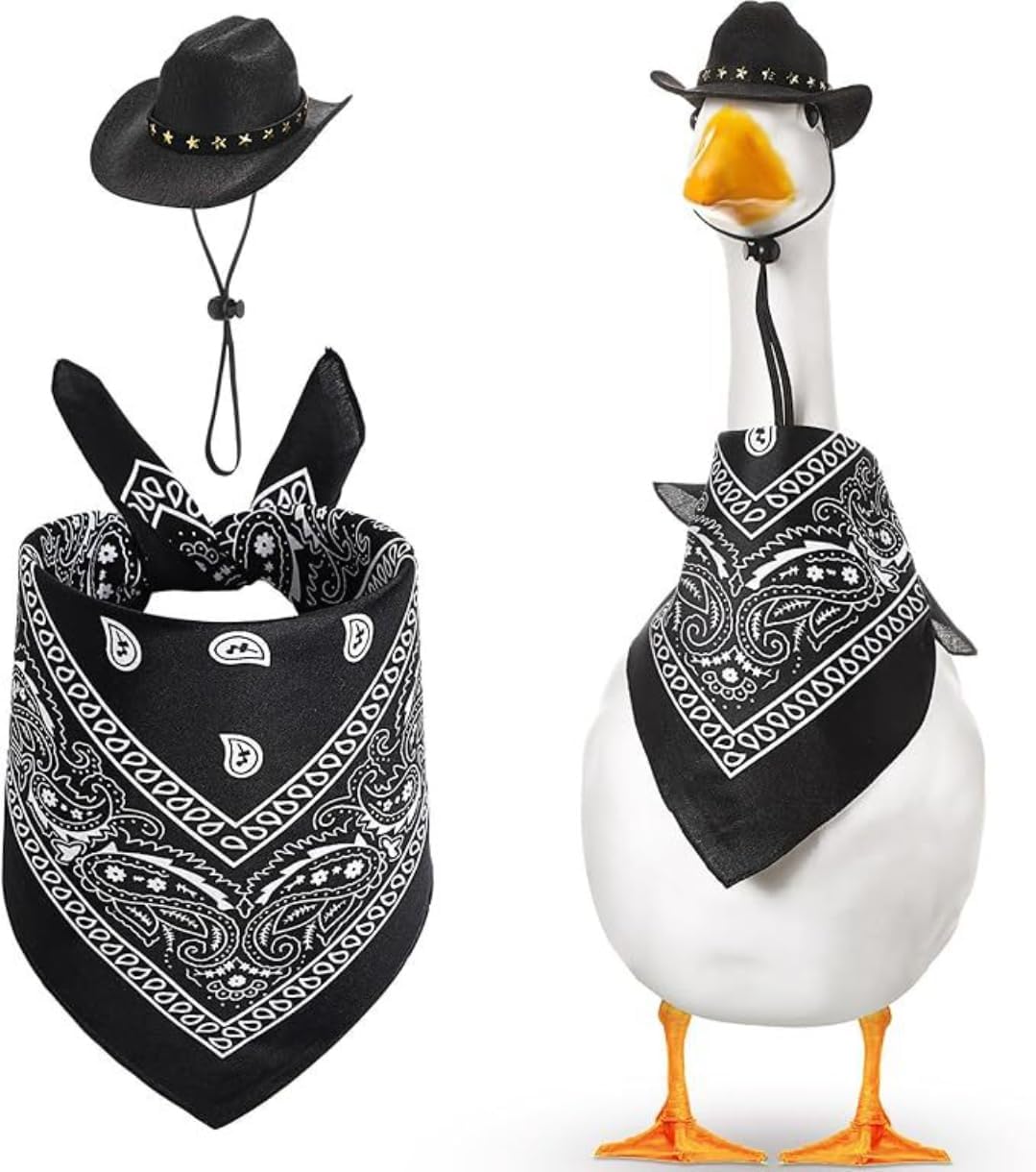 Porch White Goose hat Scarf Set Big White Goose Decoration Colorful furball Straw hat Striped Triangle Scarf
