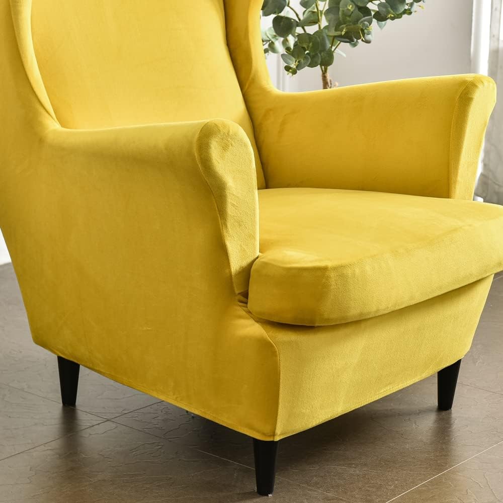 MIFXIN Wingback Chair Slipcovers 2-Piece Velvet Stretch Fabric Wing Chair Cover with Cushion Cover Armchair Sofa Furniture Protector with Elastic Bottom for Living Room (Yellow)