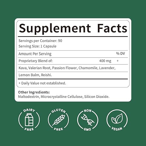 Miniatura 7 de Cápsulas de extracto de raíz de kava kava para una calma natural y apoyo al sueño. Suplemento de hierbas con valeriana, pasiflor, manzanilla,