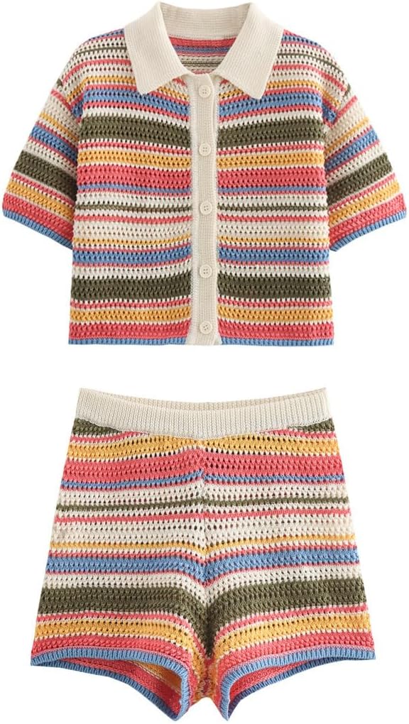 NIFTRIRY Womens 2 Piece Lounge Set Beach Cover Up Stripe Button Down Shirt with Shorts Summer Outfits - Image 5