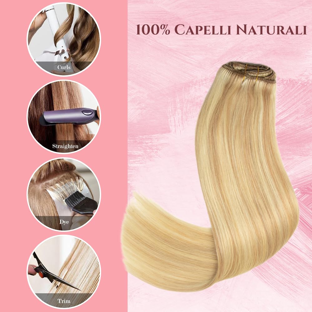 Human Hair Clip in Extensions Dark Blonde Highlighted Bleach Blonde Clip ins 100% Brazilian Remy Real Human Hair Extension for Women 8pcs Per Set including 18 Clips No Tangel (20 Inch #P18/613) - Image 4