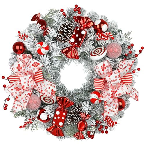 Briful 24 Christmas Wreath for Front Door, Artificial Winter Wreath Door Wreath with Pinecones, Berry Clusters, Red Candy Xmas Baubles and Ribbon for Thanksgiving Holiday Christmas Decorations