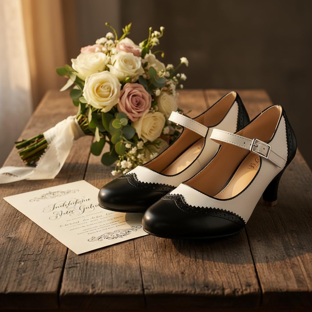 Women's Mary Jane Double-Tone Oxford Pumps Comfortable Low Kitten Heels Retro Ankle Strap Round Toe Dress Shoes - Image 7