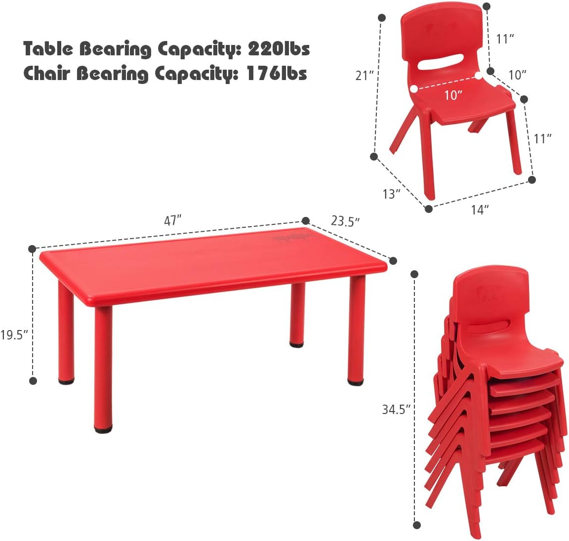 HONEY JOY Kids Table and 6 Chair Set, 47 x 23.5 Inch Children Rectangular Table with Stackable Seats, 7 Pcs Plastic Activity Toddler Furniture Set for Playroom Daycare, Gift for Boys Girls