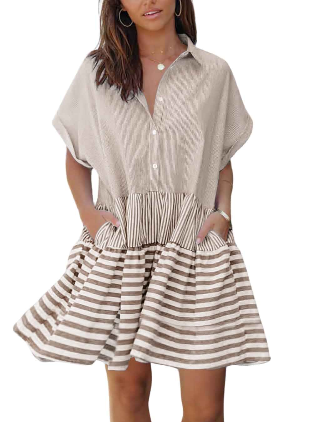 chouyatou Women Summer Beach Short Sleeve Striped Shirt Dress Button Down Tiered Mini Tunic Babydoll Dress Short Sleeve