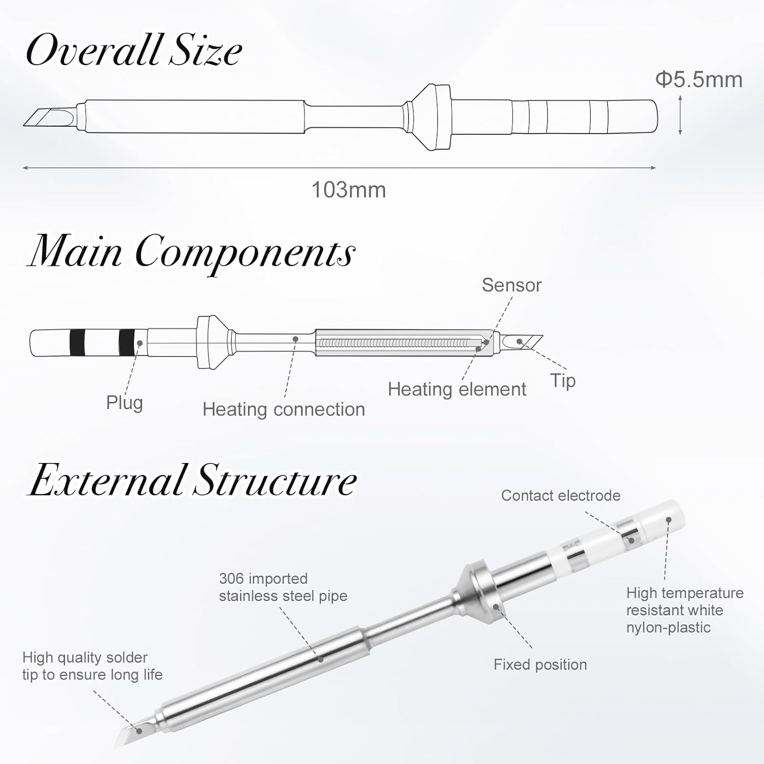 FEITA Pinecil TS100 Soldering Iron Tips Replacement for Mini Portable Micro Solder Pen Various Models Stations Tool Soldering Accessories (TS-B2/I/BC2/D24/K/KU 6pcs)
