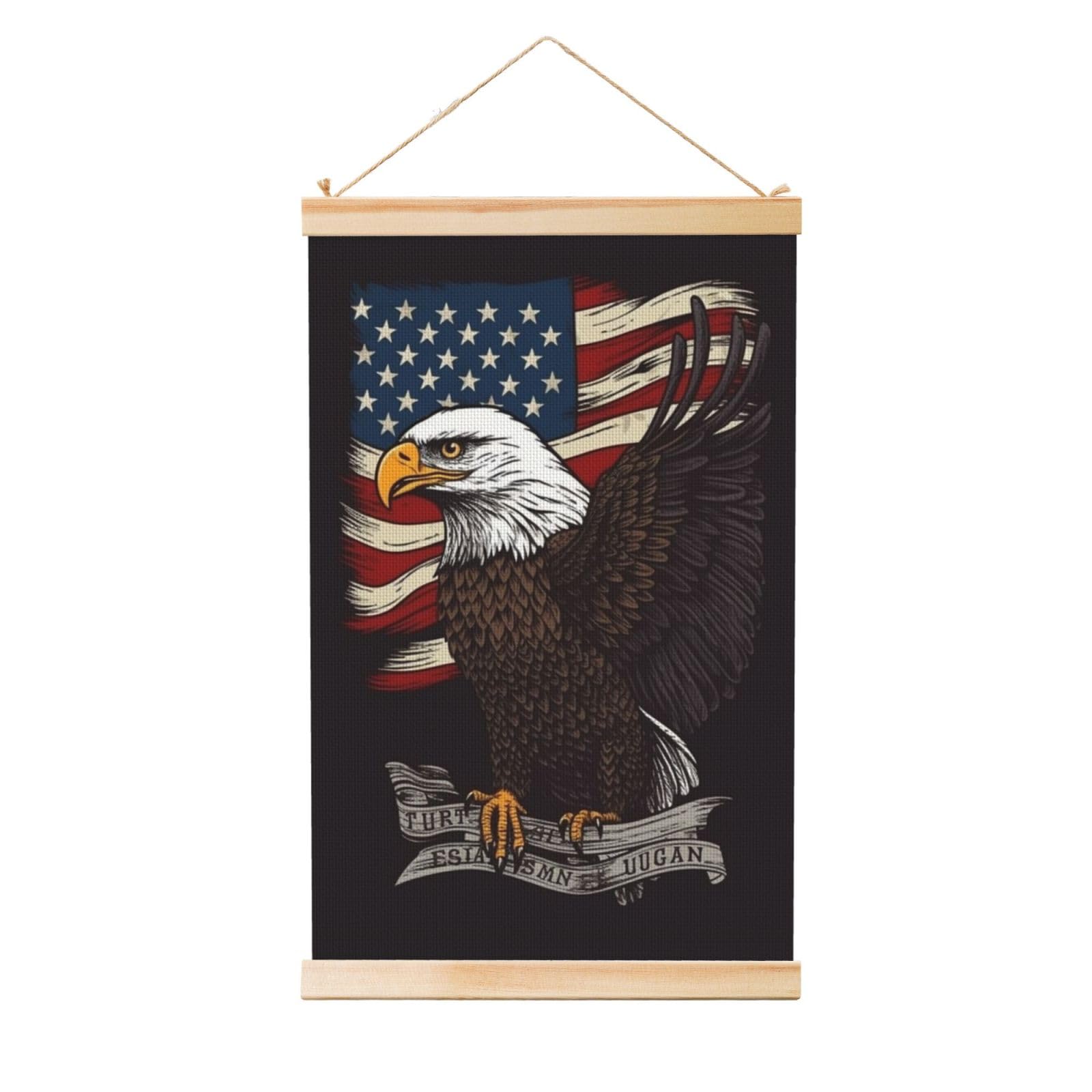 USA Patriotic Eagle with American Flag Poster Wooden Shaft Hanging Poster Wall Hanging Banner Canvas Artwork with Wood Frames 16"x24" Modern Artwork Decor Ready to Hang Wall Art for Home Decor Scroll