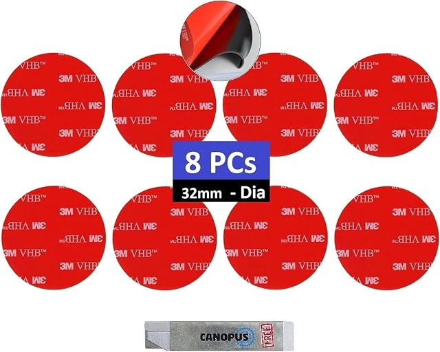CANOPUS 3M Double Sided Sticky Pads Heavy Duty, 3M VHB Pads 5952 (32mm Dia, 8-PCs) Waterproof Round 3M Double Sided Pads Ideal for Car use, Home Decor, Black, 3M Sticky Pads