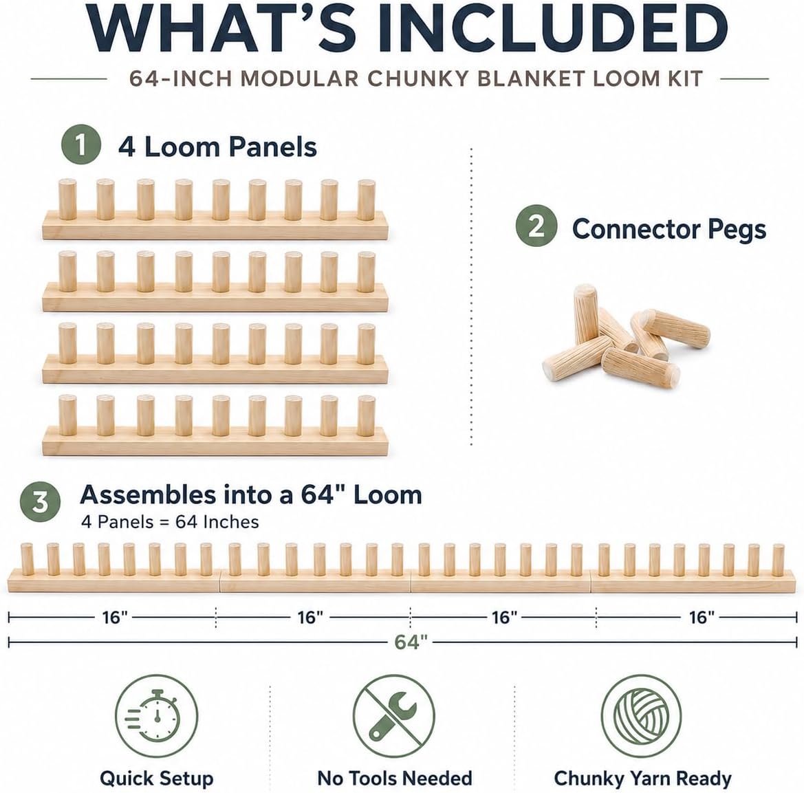FVUILH Chunky Blanket Loom Kit for DIY Throw Blankets, Adjustable Solid Wood Hand Knitting Loom for Chunky Yarn, Beginner Friendly Yarn Craft Tool, No Needles Required (64'')