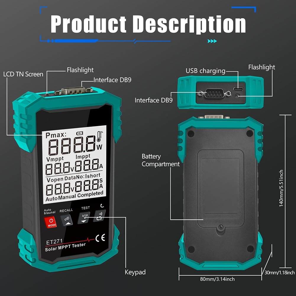 3,2" per il tester di energia solare, multimetro di PV di 2000W Digital con MPPT, adatto a produzione, accettazione e manutenzione del modulo di PV