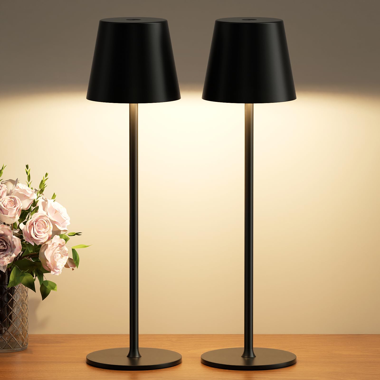 PreeOtti Tischlampe Kabellos 2er Set, Akku LED Tischleuchte, Nachttischlampe Touch Dimmbar mit 3 Farbtemperatur, Tischlampe mit USB-C Aufladbar für Outdoor Nachttisch Esstisch Camping(Schwarz)