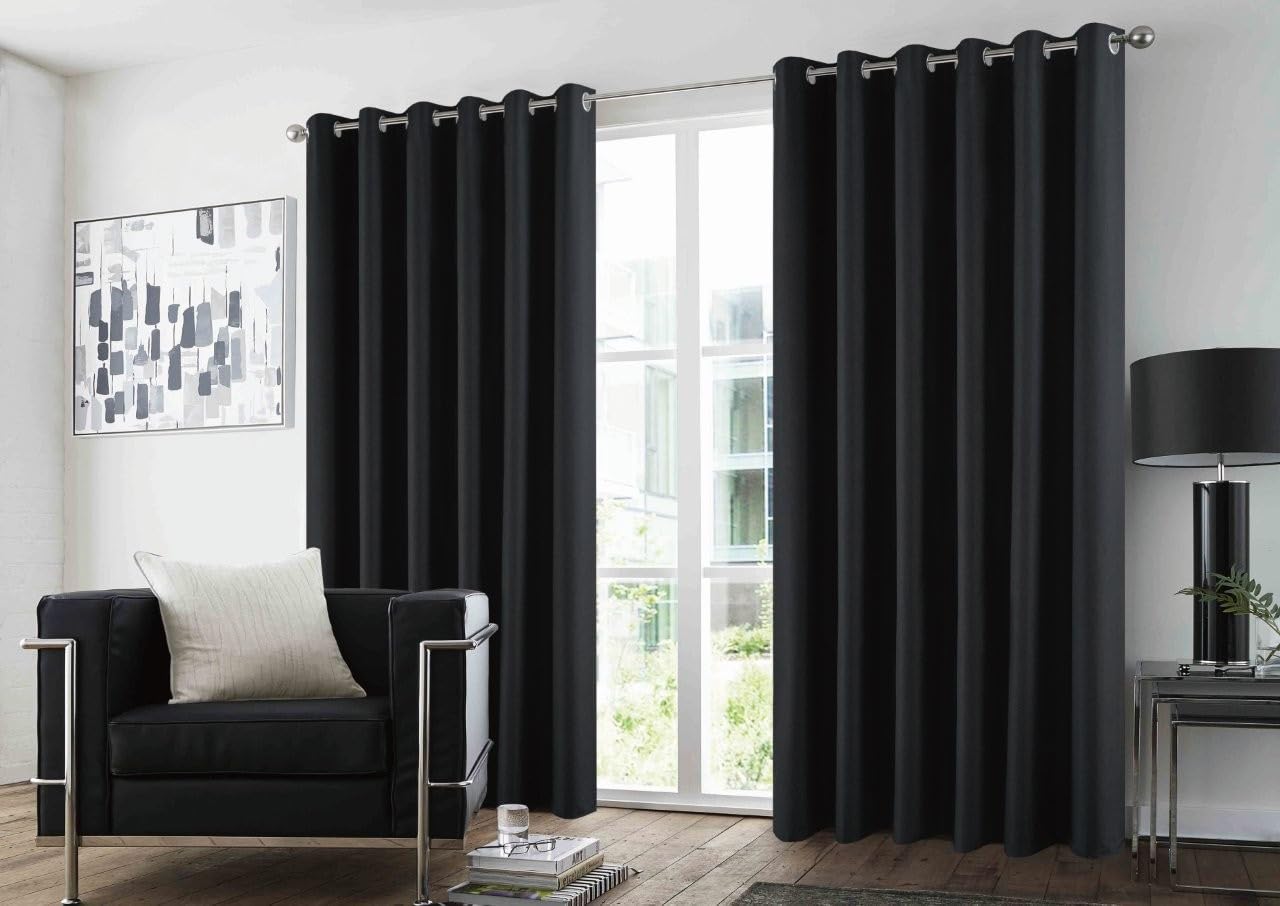 Slumber Nights Blackout Curtains, Microfibre, Eyelet Ring Top, Light Blocking, Plain, Pair (Black, 66"x72")