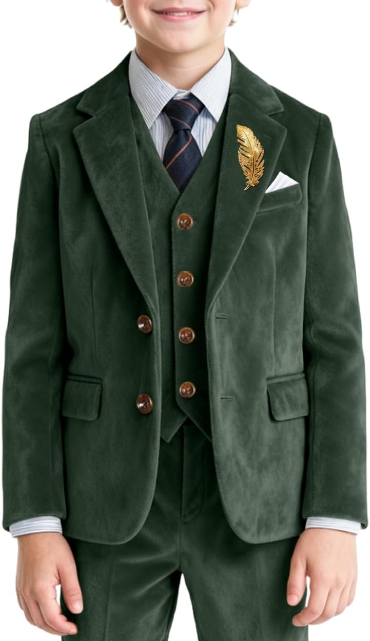 Boy Suits 3 Piece Formal Tuxedo Outfit Slim Fit Boys Suits Velvet Blazer Jacket Vest Pants Set for Wedding Prom Holiday