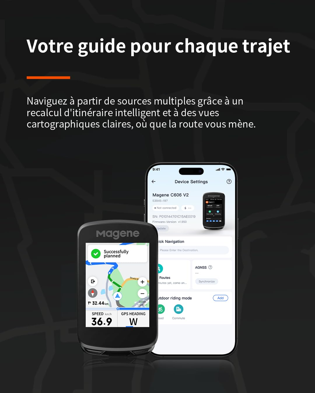 Magene C606/C606 V2 Compteur GPS vélo, Multi-Scenario ClimbPro, Transfert de données Wi-FI et Bluetooth, Replanification d'itinéraire, Affichage des données Personnalisable