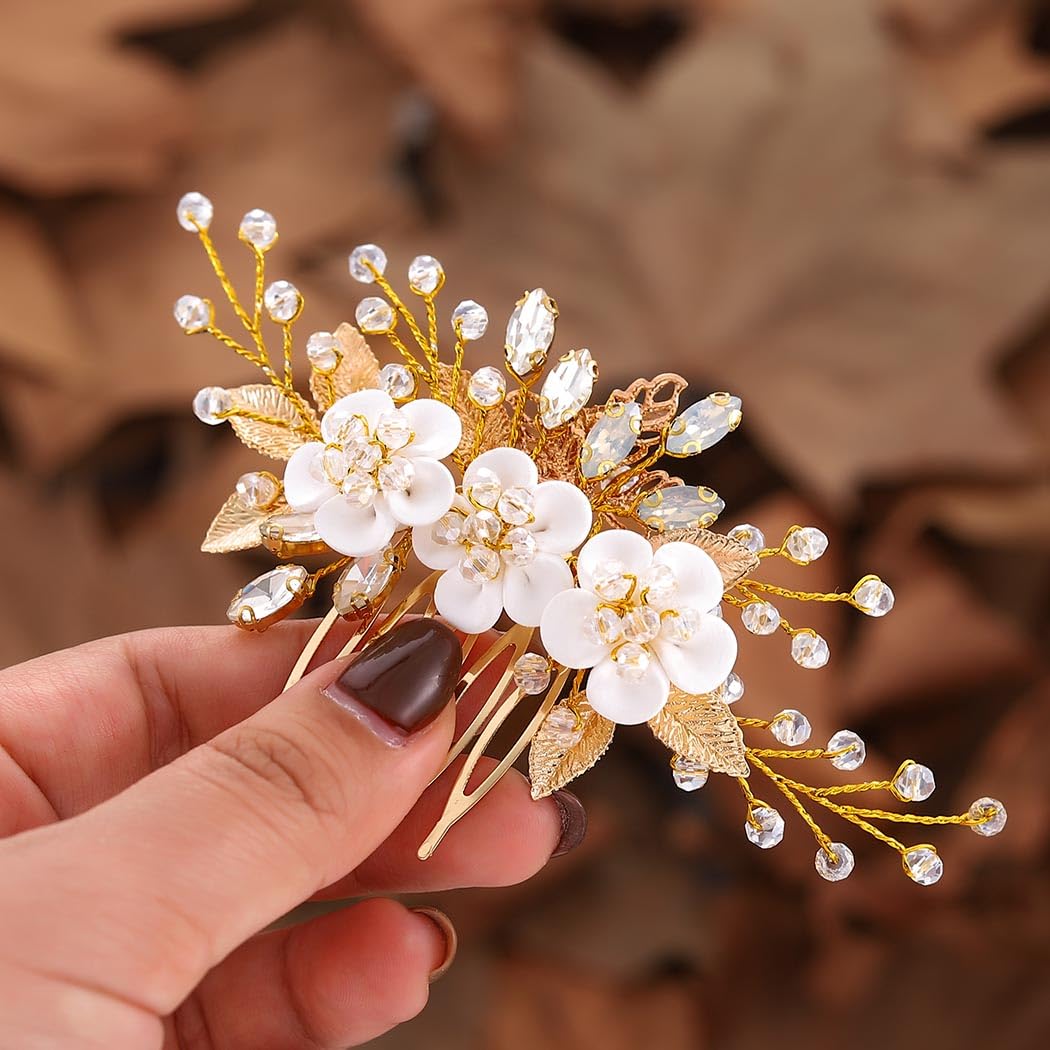 Catery Flower Bridal Hair Comb Gold Wedding Hair Clip Rhinestone Accessories for Women - Image 6