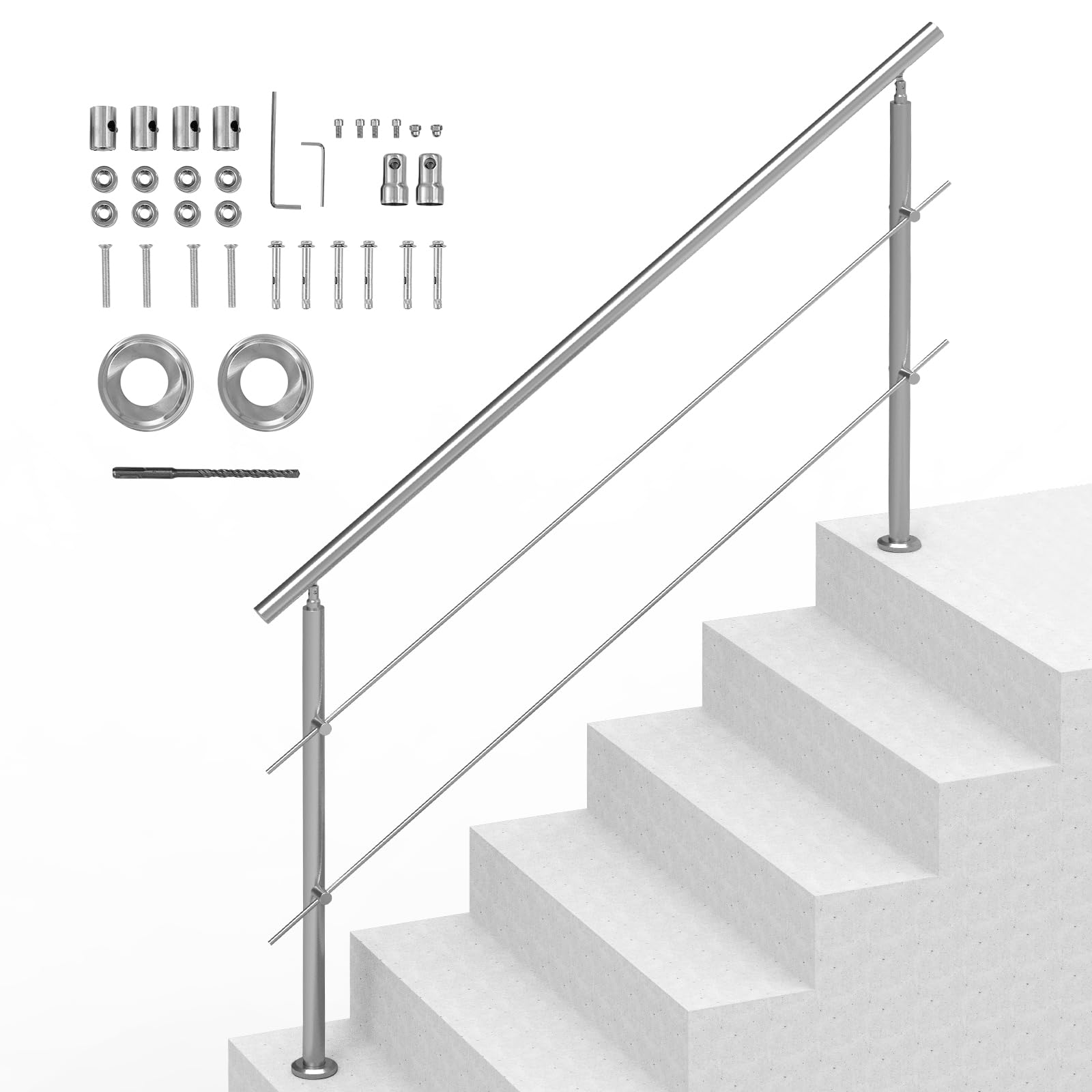 VEVOR Corrimano per Gradini Esterni, Kit Corrimano per Scale 2 Traverse 180 cm Lunghezza, Ringhiere Transizione Acciaio Inox Kit Installazione, Corrimano Scale Doppia Colonna per Veranda e Terrazza