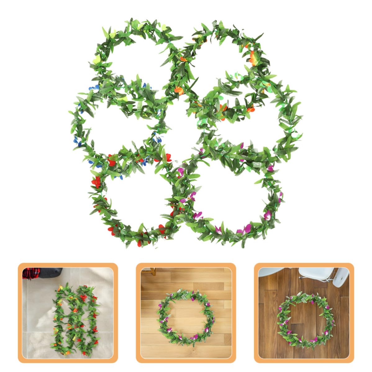 Healvian Juego de 12 Piezas de Collares Hawaianos Flores Vibrantes y Hojas Verdes, Decoracion Fiesta Verano para Celebraciones Tropicales y Hawaianas