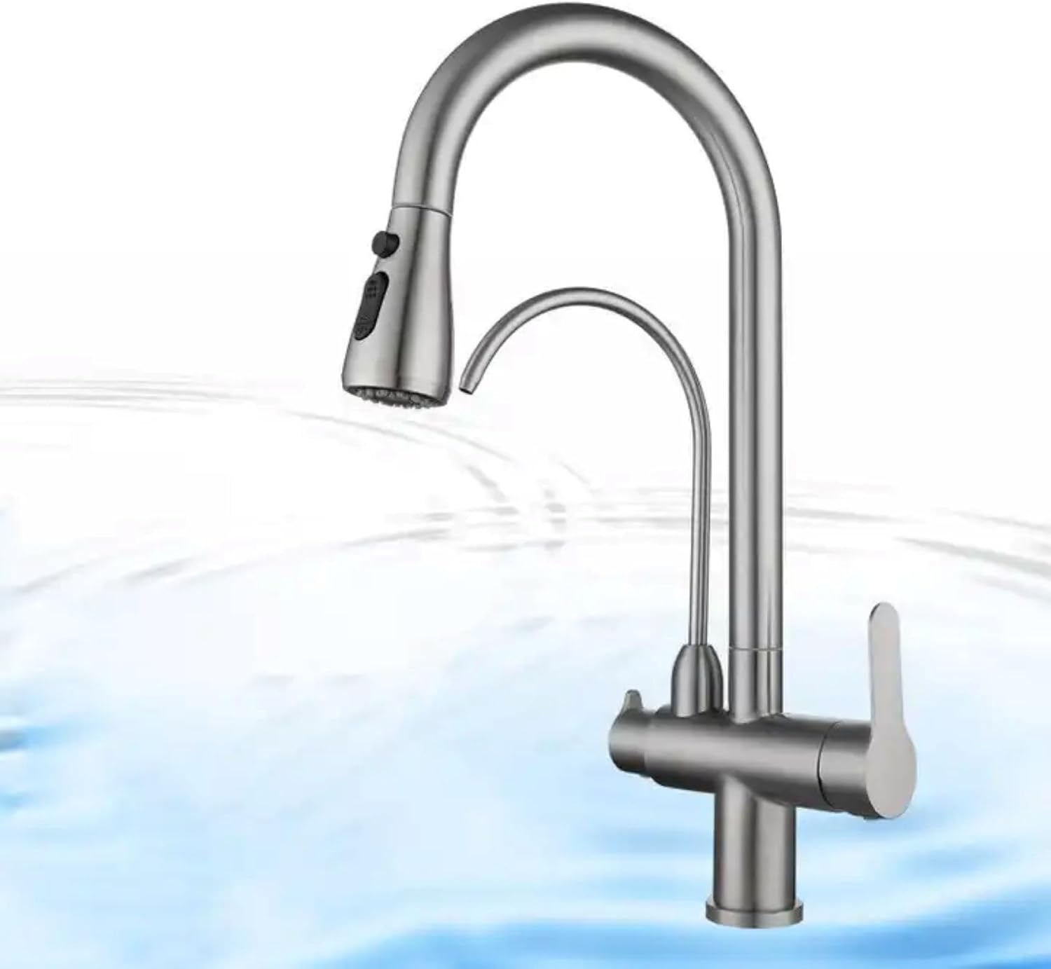 Filter Kitchen Faucet with Drinking Water Faucet, High Arc Pull Down 3-Way Kitchen Faucet, 3 in 1 Sink Cold and Hot Mixer Tap (Stainless Steel Brush Nickel) (Brush Nickel), Mira001