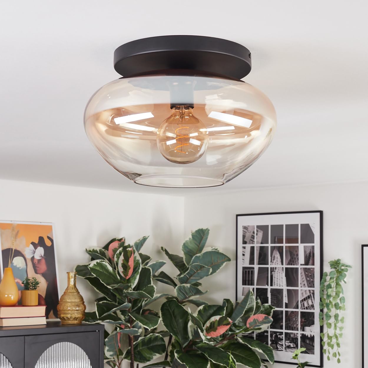 Plafonnier HOFSTEIN Mertola, plafonnier à 1 ampoule en métal/verre noir/ambre/clair, luminaire au design rétro/vintage (abat-jour Ø 35 cm), E27, salle à manger, salon, cuisine, couloir, bureau