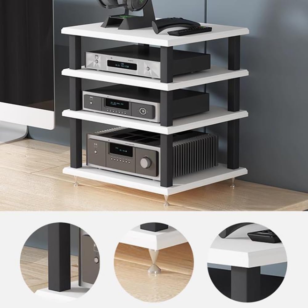 4-poziomowy stojak na audio HiFi, drewniany stojak na multimedia, na biurko, mała szafka stereo i odtwarzacz płyt, oszczędność miejsca, półka do biura/sypialni, biały, 25 cm