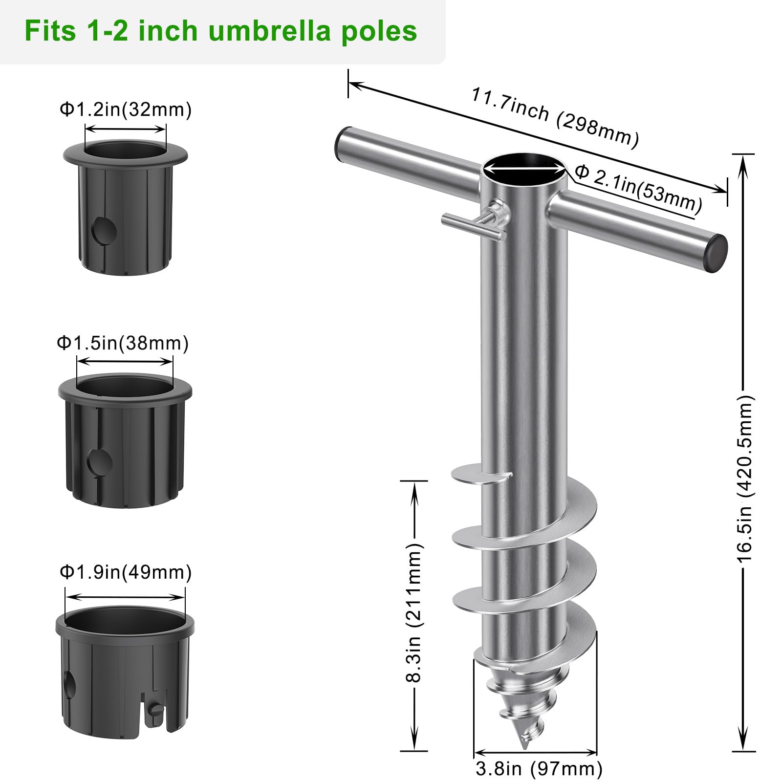 Dolibest - Anclaje de acero resistente para sombrilla de playa, soporte con 3 casquillos para mástiles de 2,5 a 5 cm, estaca cortaviento con base en espiral totalmente soldada para máxima estabilidad