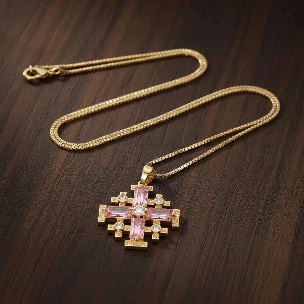 Nazareth Store 18k Yellow Gold Plated Crusaders Jerusalem Cross Pendant with Crystallized Topaz and 20" Necklace Chain